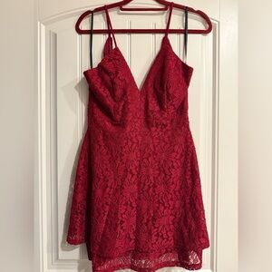 Elegant Red Lace V Neck Dress